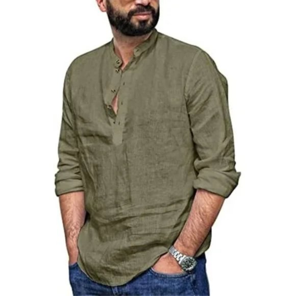 New Mens Linen Henley Shirt Green - Picture 4 of 7